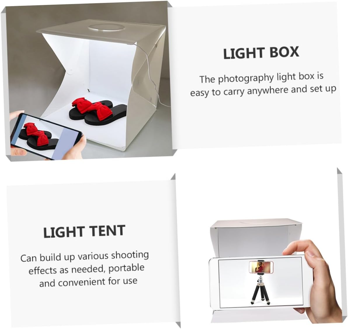 Luxshiny Portable 30cm Photo Tent Light Box with LED Strip, Foldable Photography Light Tent for Product Shooting, Includes Black and White Backdrops for Studio Photography
