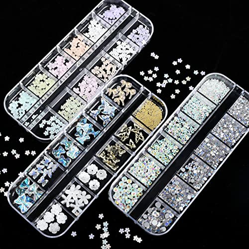 3D Flowers Nail Art Charms Rhinestones Kit - Includes 12Grid 400Pcs Acrylic Flower 1500Pcs Ab Nail Rhinestones 200Pcs Acrylic Butterfly Bow Flower Bear Nail Art Charms For Nail Art Craft Decoration #TOP3