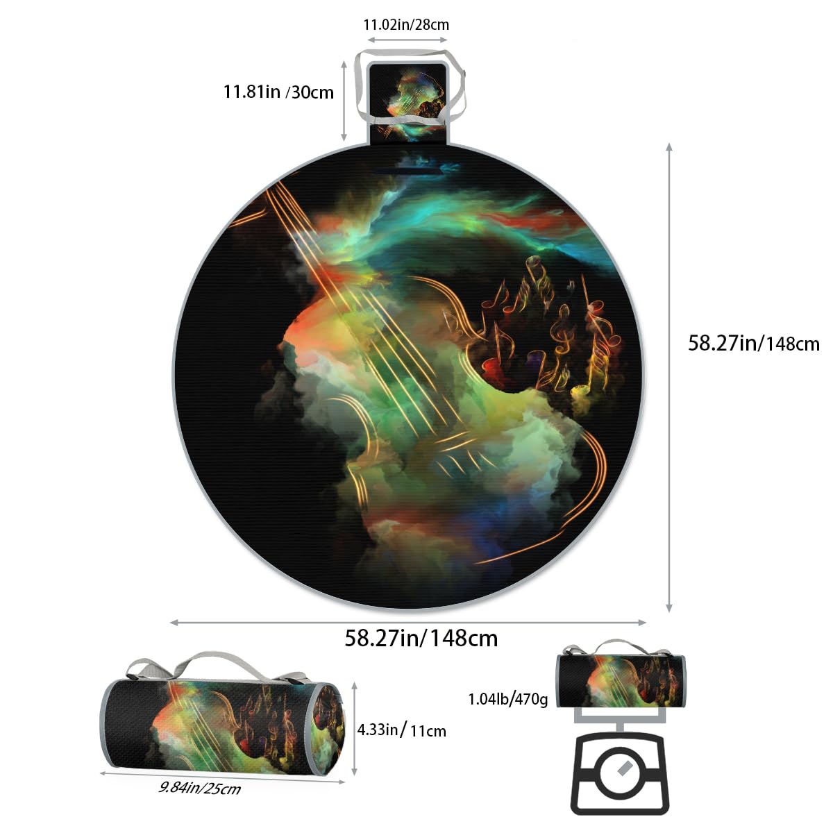 Shimoshe Galaxy Piano Picnic Outdoor Blanket Foldable Waterproof Sandproof Beach Blanket Portable Water-Resistant Round Picnic Mat for Travel Camping Park Lawn