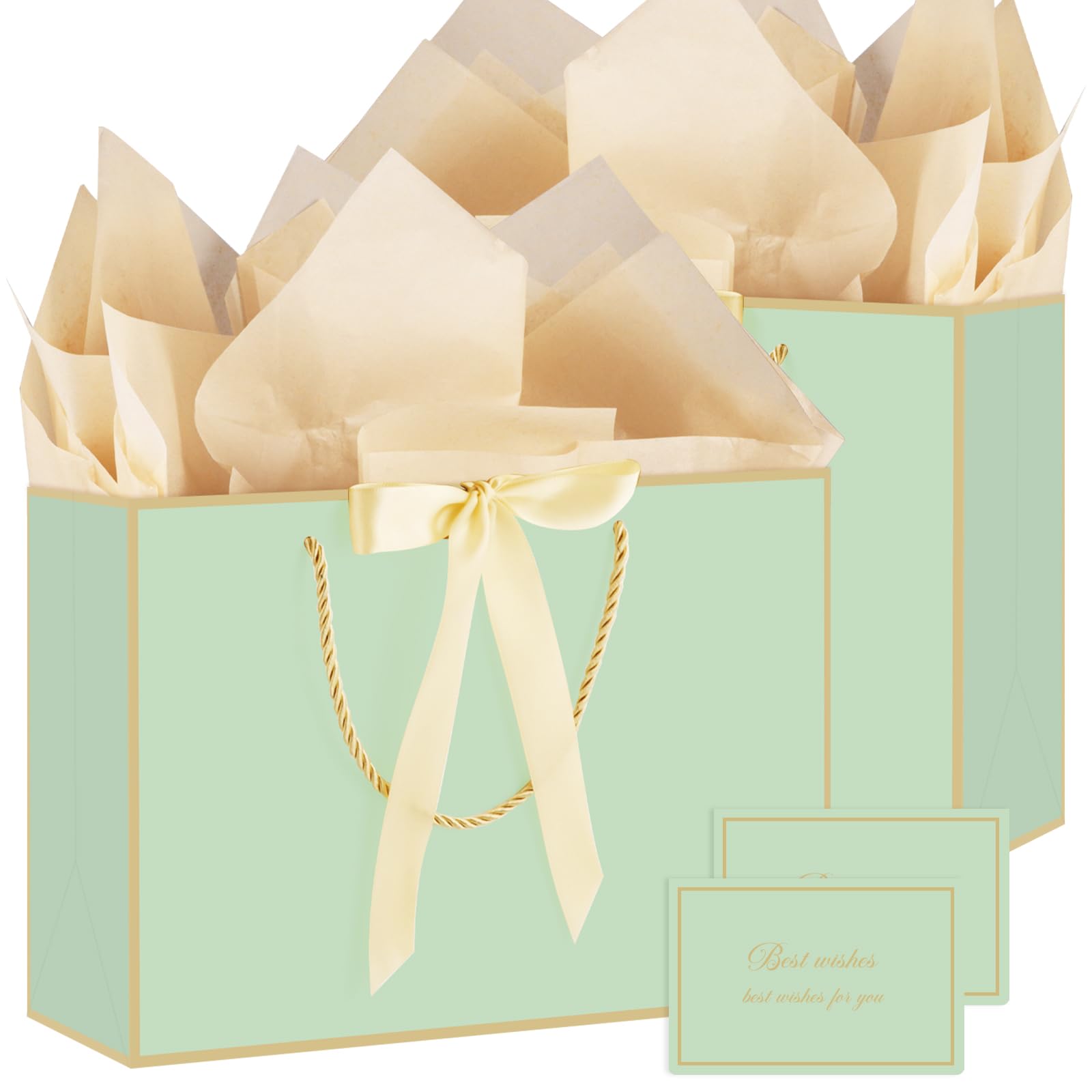 Mypartyco Gift Bags for Presents,2 Pack Birthday Gift Bag Green Paper Bags with 6 Tissue Paper, 2 Ribbon and 2 Cards for Women, Girls, Weddings, Showers and Retirement (Green Gold)