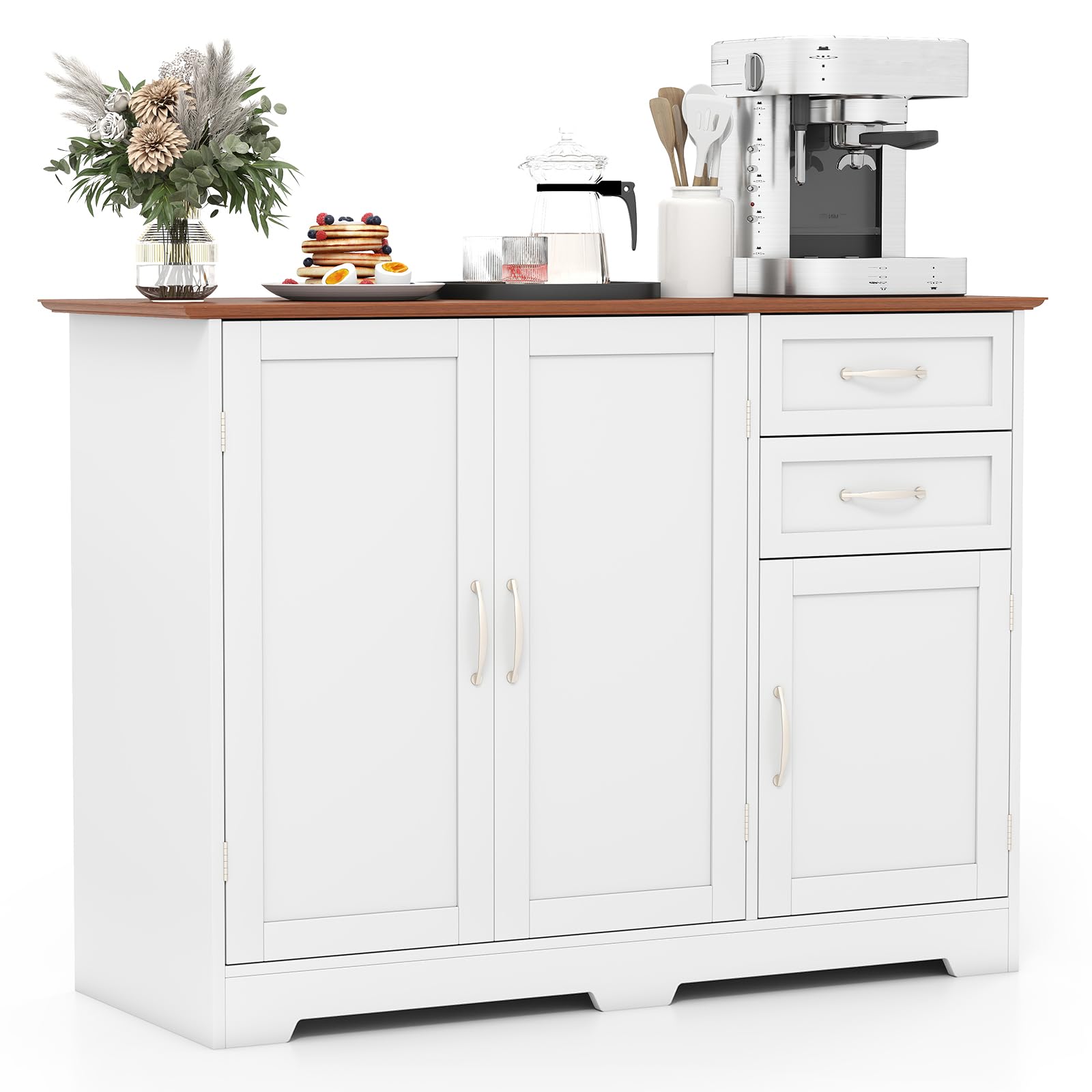 Dficagn Dressoir, Keukendressoir Met 2 Deuren En 3 Laden, Woonkamerbuffet, 100% Made In Italy 141x43h86 Cm Glanzend Wit