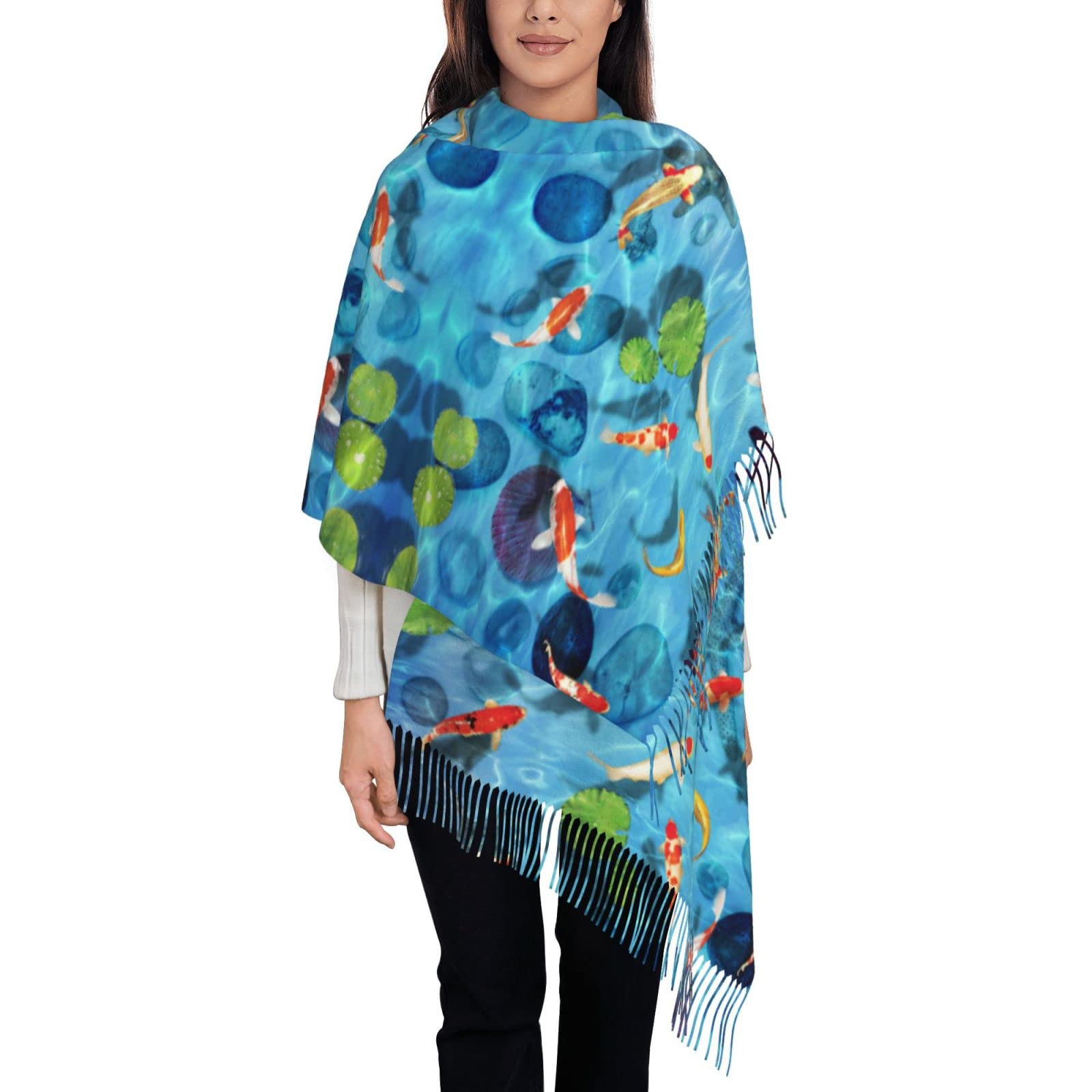 Wotdkg Women's Japanese Koi Fish Scarves Winter Long Soft Warm Wraps Wool Tassel Shawl Stole Scarf