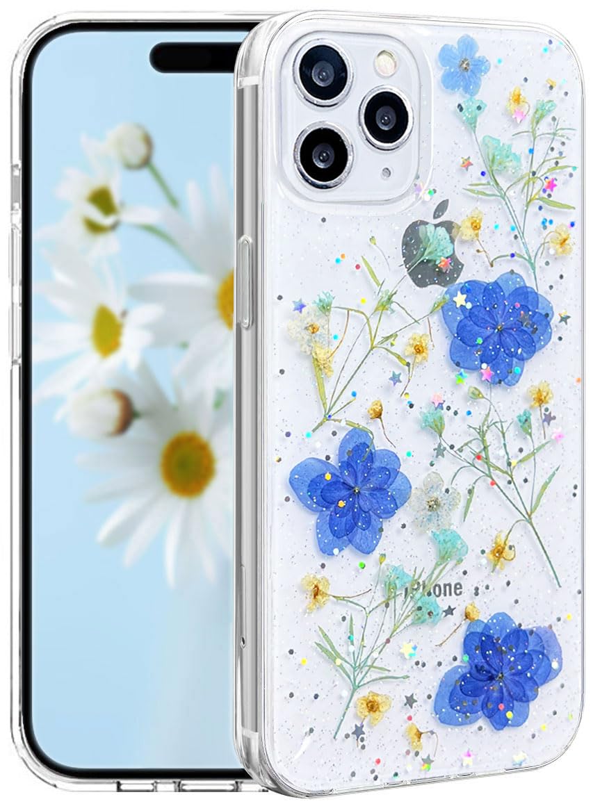 CEOKOK for iPhone 11 Pro Max Case Cute Clear with Real Pressed Flowers Design Bling Glitter Sparkly Blue Real Dried Floral Slim Soft TPU Protective
