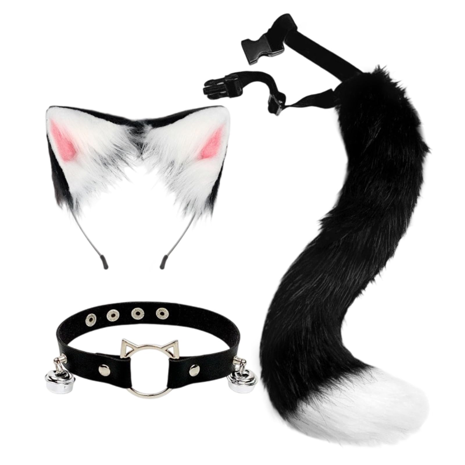 Vxcvzv Tail and Ears Set, 3Pcs Fox Costume Includes Fox Faux Fur Tail, Cat Ears Headband, Neck Choker, Kids Adult Cosplay Costume Accessory for Halloween Party Costumes (Black and White)