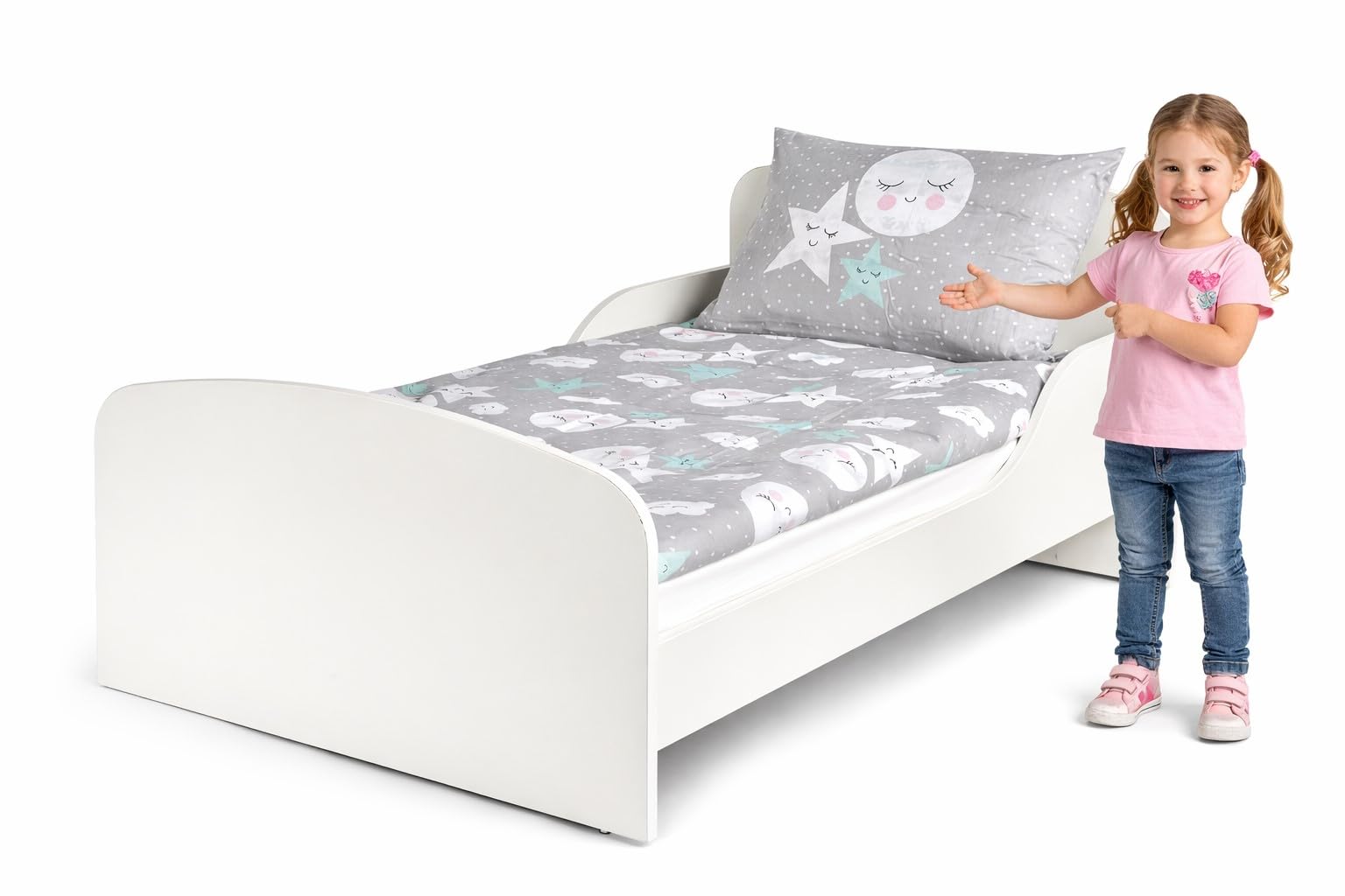 Kinderbett 160 x 80 cm aus MDF, Matratze, Lattenrost, Rausfallschutz