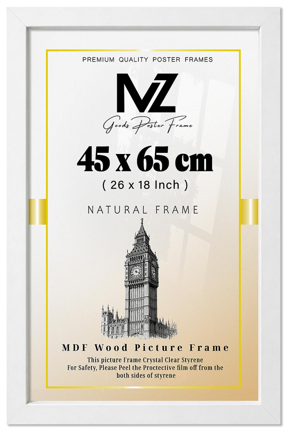 MZ GOODS | MDF Picture Frame (45 x 65 CM) No Mount Included for Paintings, Album Covers & Wall Art, MDF Finish, Secure Hanging Hooks Included [ White ]