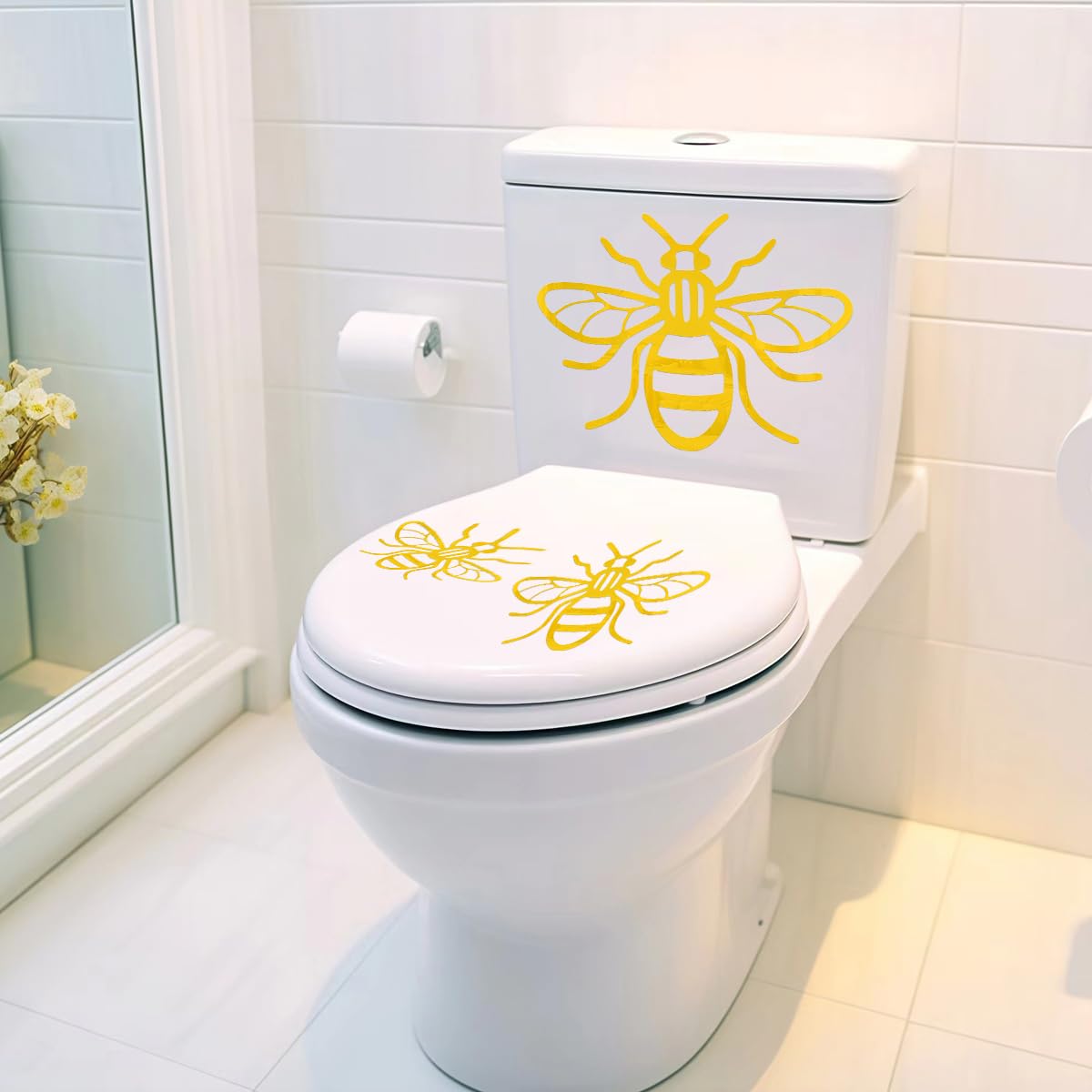 Honeybee DIY Acrylic Toilet Cover Sticker Decals,Flower Leaf Bird Waterproof Toilet Lid Tank Seat Decals Cistern Self-Adhesive Bathroom Wall Sticker(Golden)