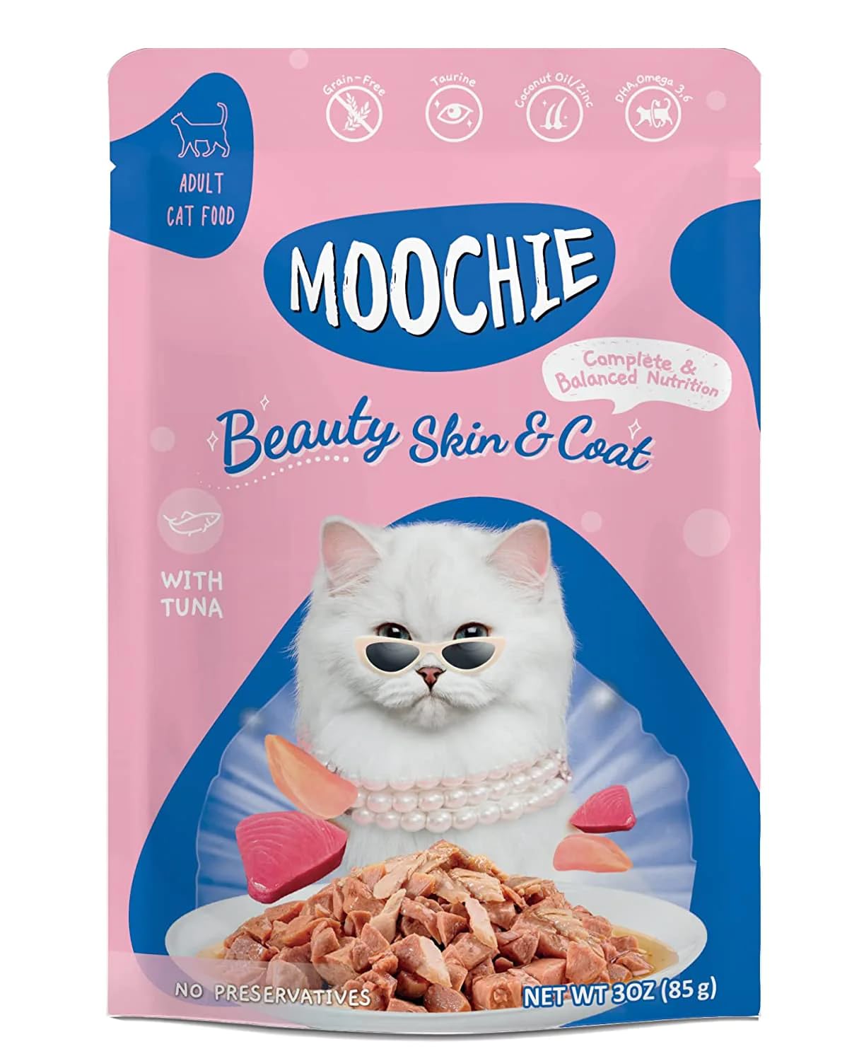 MOOCHIE Wet Cat Food Grain-Free Gravy Cat Treat Beauty Skin & Coat with Tuna no Added Flavour and Preservatives Adult Cat Food Size 85 g (24 Pouch X 85 g.)