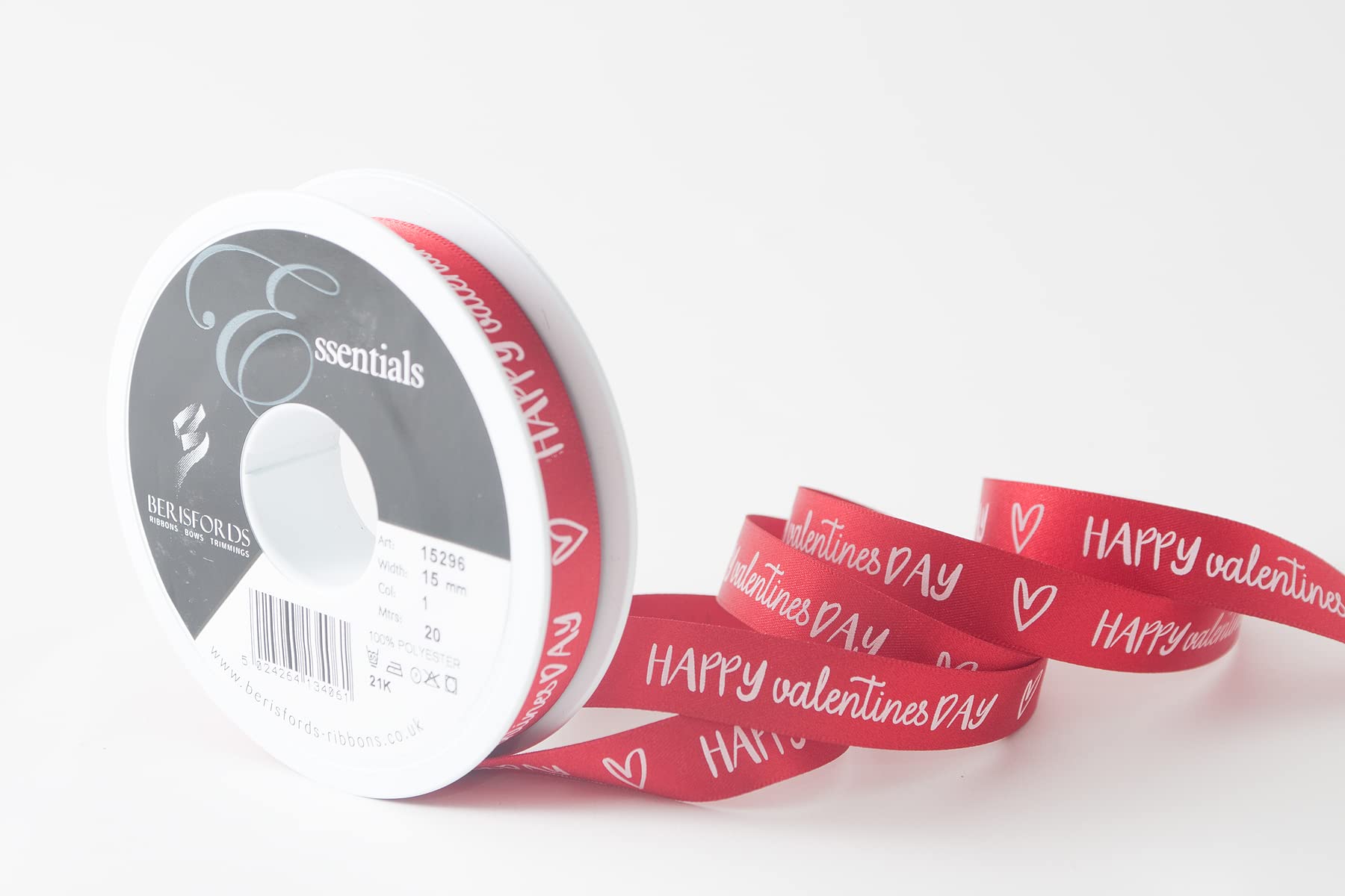 Valentine’s Day Ribbon Happy Valentines Day Printed Red 20m Reel 15mm Wide Satin