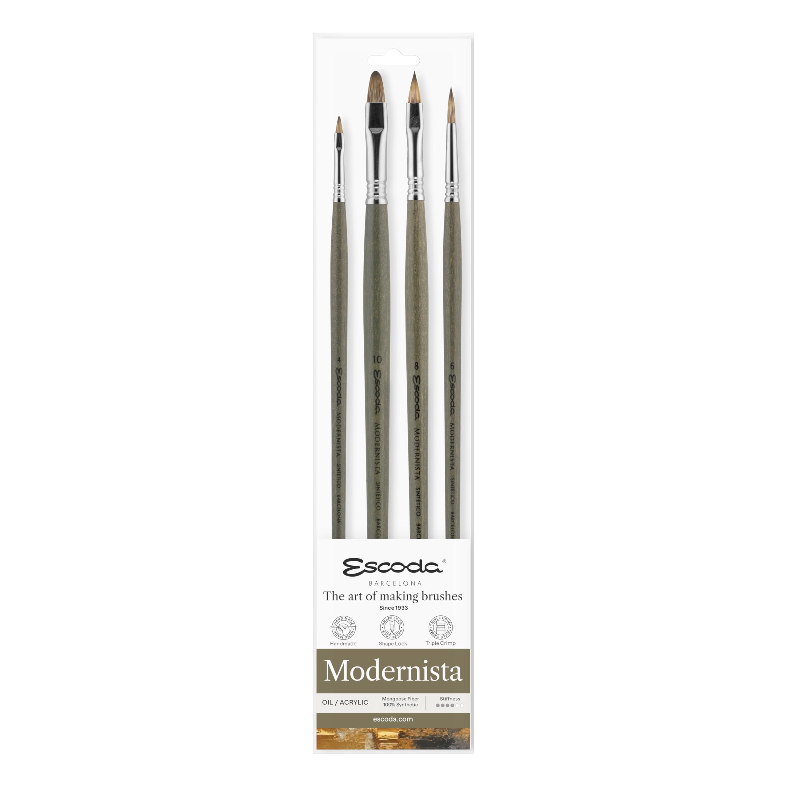 Escoda Modernista Series - Set di pennelli professionali per olio e acrilico, mangusta sintetica, 4 pezzi