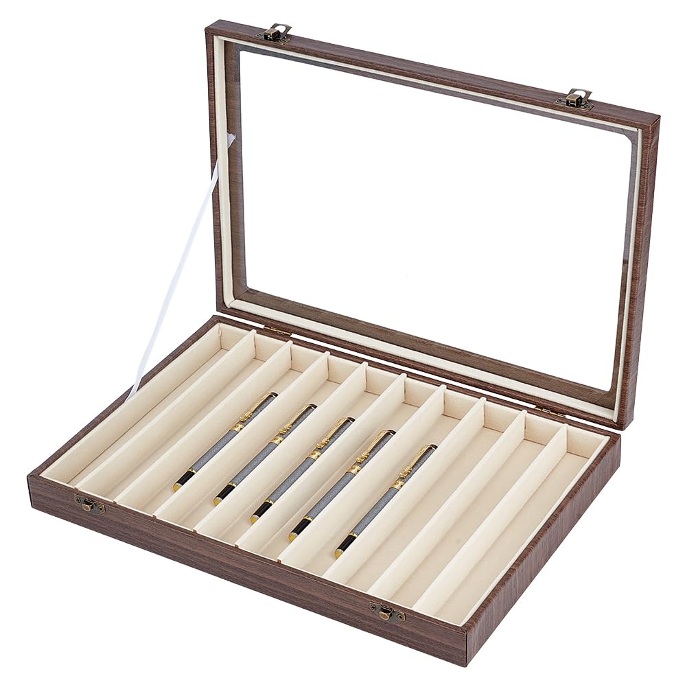 BENECREAT Présentoir à Stylos en Bois avec 10 Emplacement Organisateur de Stylos Plumes en Verre Transparent Idéal pour Offrir Ou Collectionner. 350x240~250x49mm