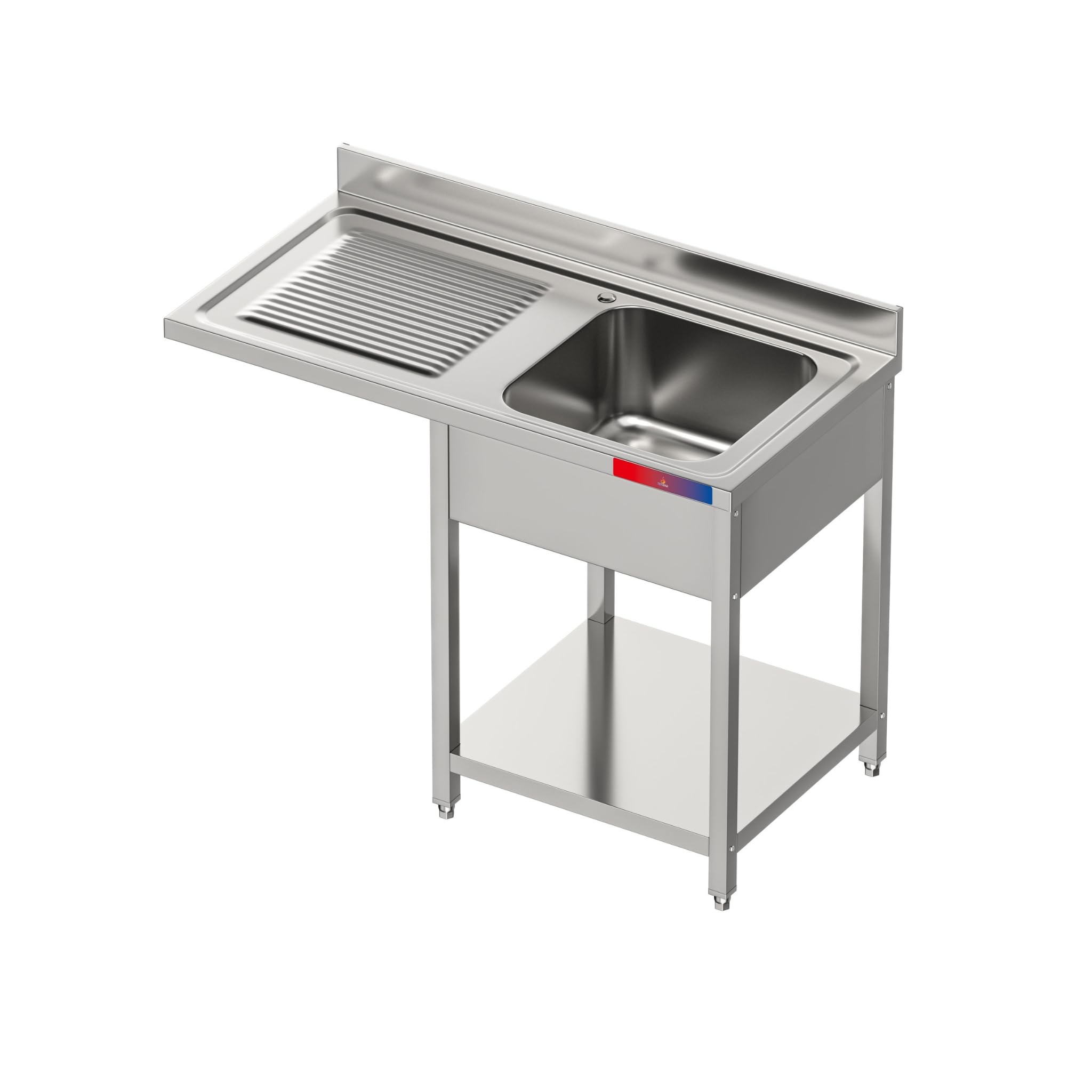 Fregadero Industrial con Hueco para Lavavasos en Acero Inoxidable, 1 Seno + Escurridor, 120x60x85cm, Balda inferior, Peto y Patas Regulables (Sin Grifo, Seno Derecha)