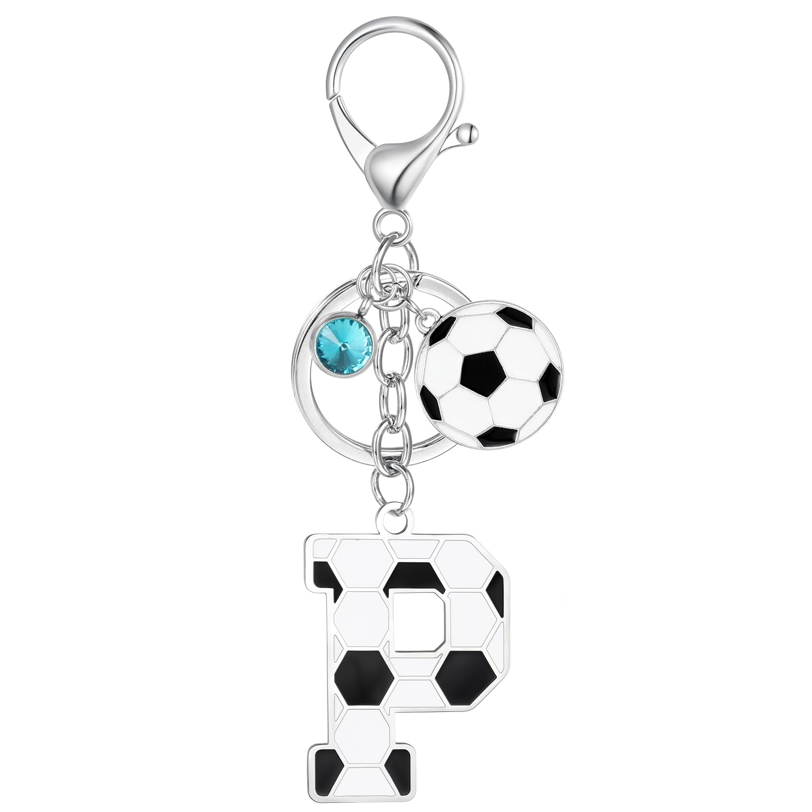 MWOOT Football Alphabet Initial Letter Keychain, Soccer Design Name Keyring with Rhinestone Football Pendant for Boys Girls, Soccer Lovers Keyring Gifts for Door Car Key Backpack Decor(P)