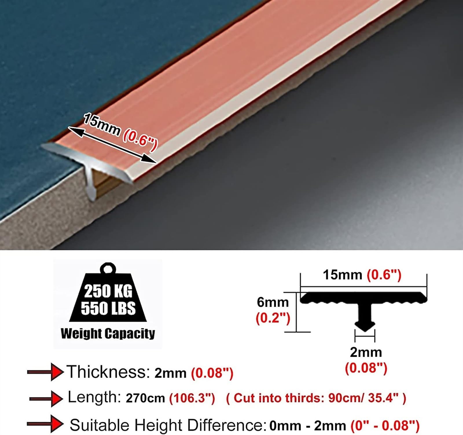 Profilo di Transizione, Striscia di Soglia, Strisce di transizione for cuciture del pavimento in alluminio, pavimentazione for porte interne/rifiniture for bordi in tavola di vinile con finitura opaca