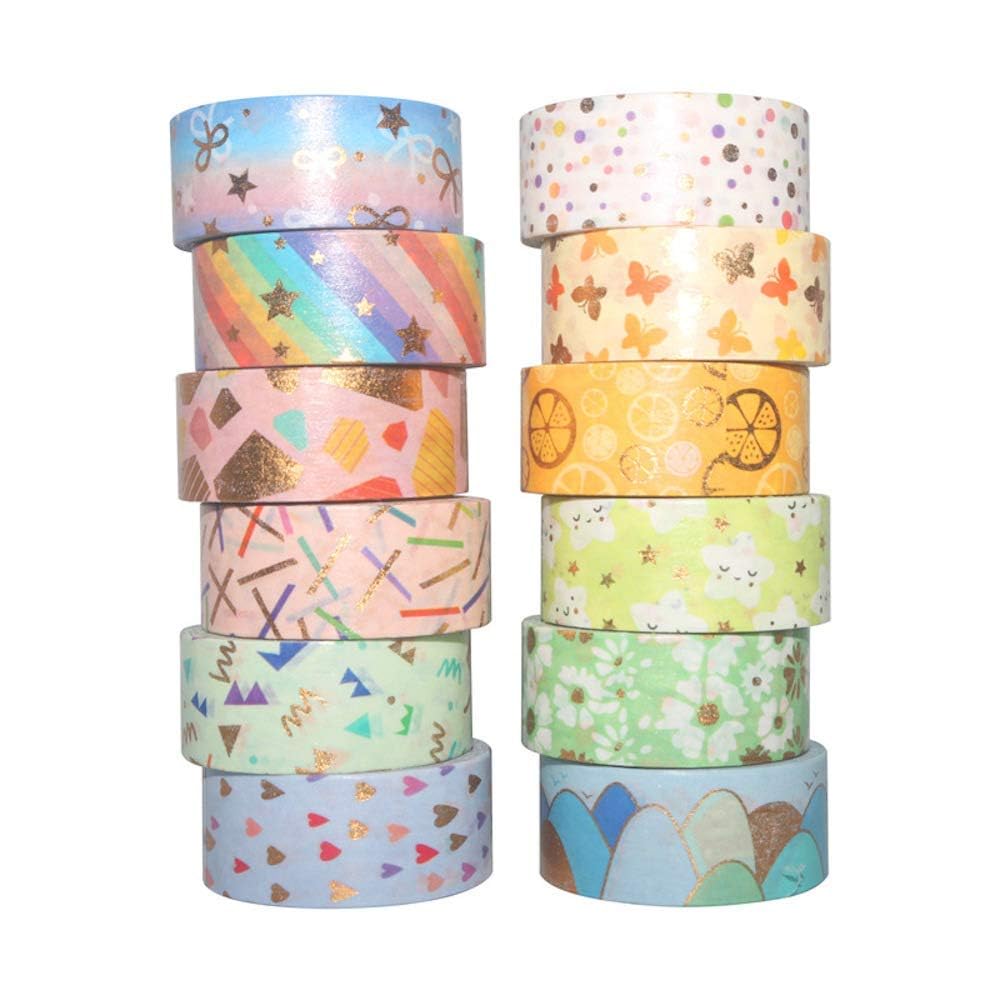 12 rolek taśmy Washi, zestaw taśm maskujących, złotej folii, kwiat, dekoracyjna taśma klejąca, kolorowa, do majsterkowania, rzemiosła, dzienników, planerów, scrapbookingu, opakowań