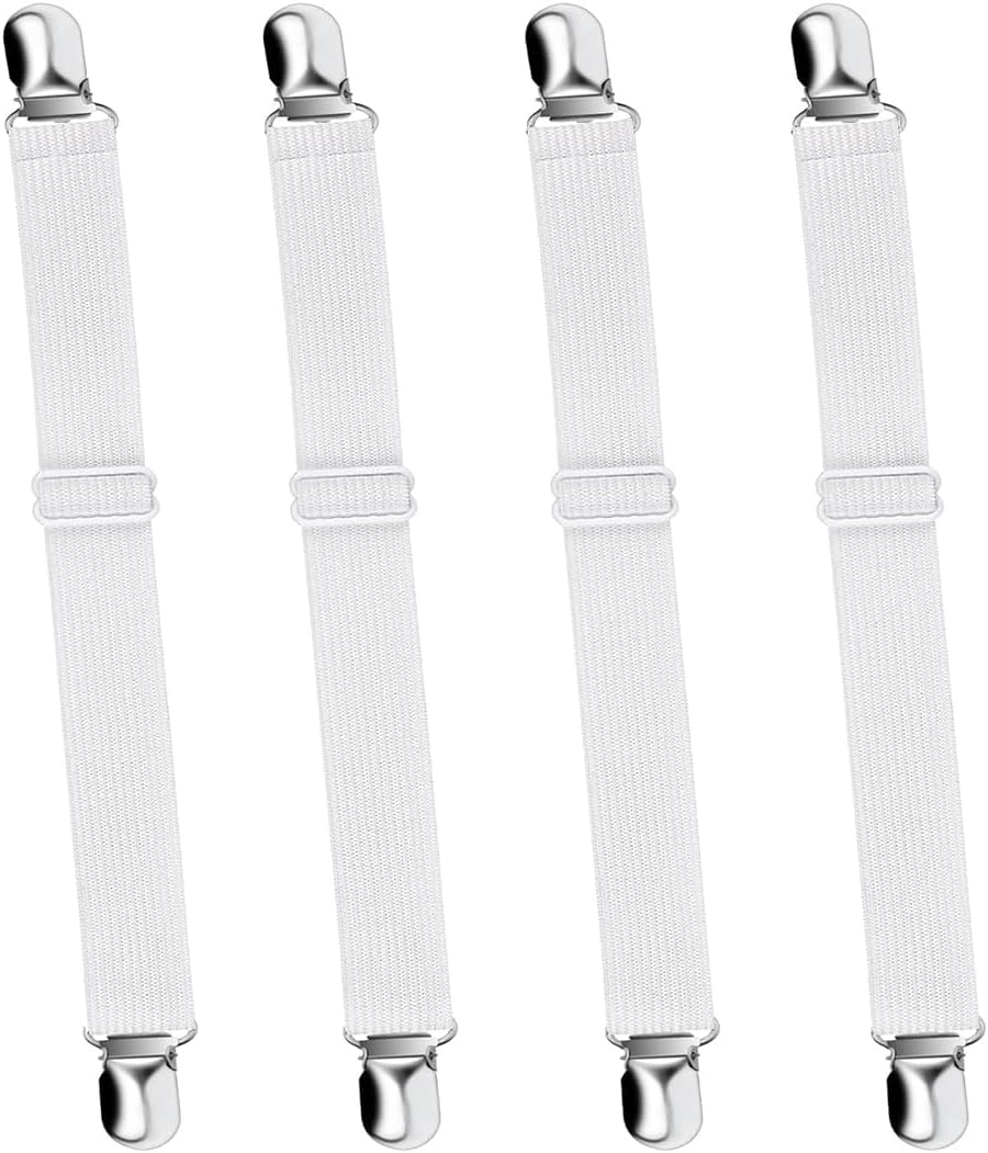Bed Sheet Straps Adjustable Elastic Fitted Sheet Corner Holders Stay in Place Non-Slip Fasteners Clips Crib to King Size White 4Pcs