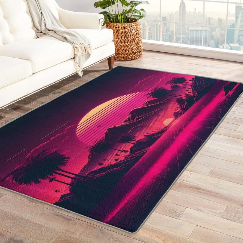 Vaporwave Rug - Alfombra de neón para sala de estar, dormitorio, montaña y puesta de sol de 4 x 6 pies, lavable, antideslizante y suave, no
