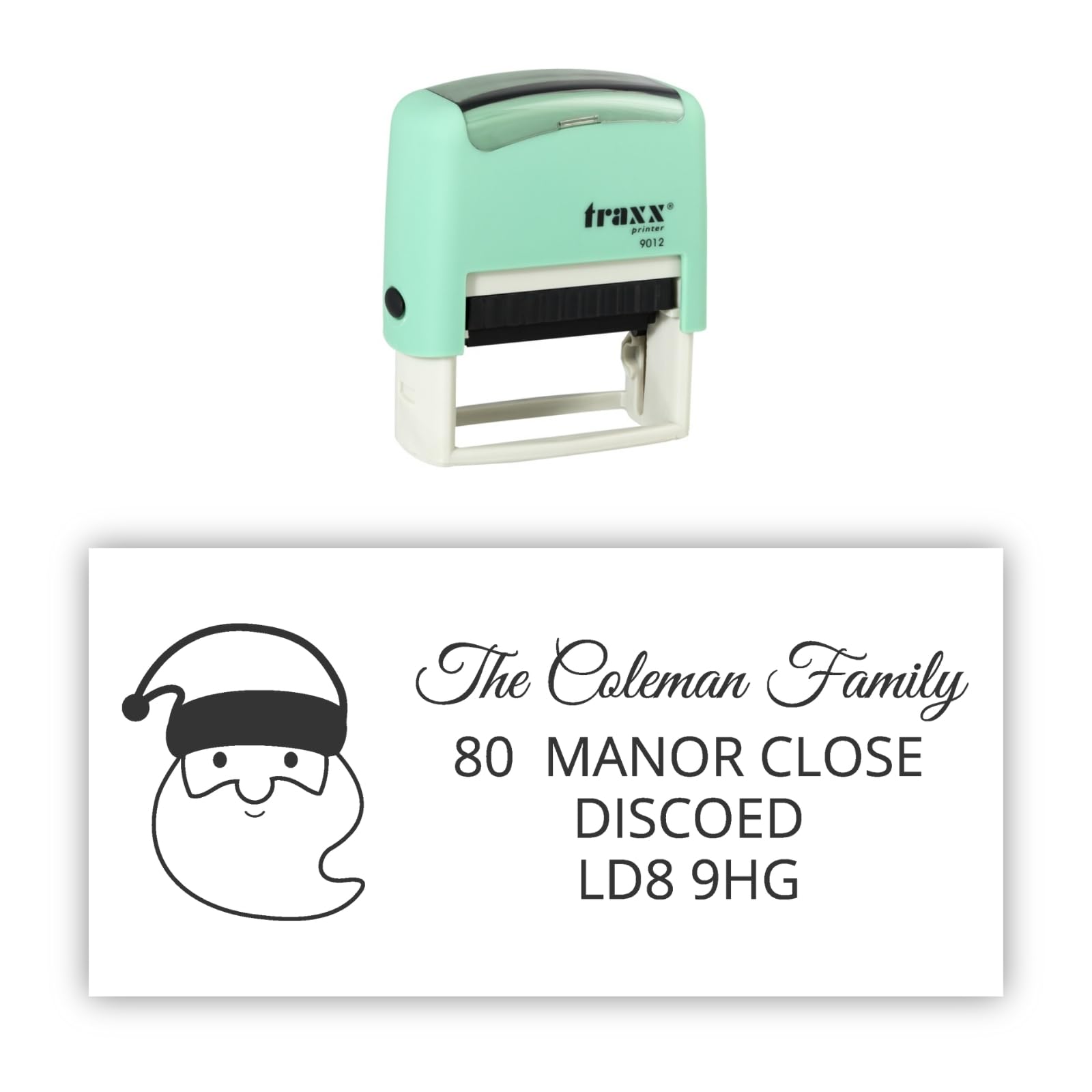 Stamp Design 4U Black Traxx 9012 Personalised Christmas Self Inking Rubber Stamp - Santa Claus With 4 Lines Of Custom Text In Ink
