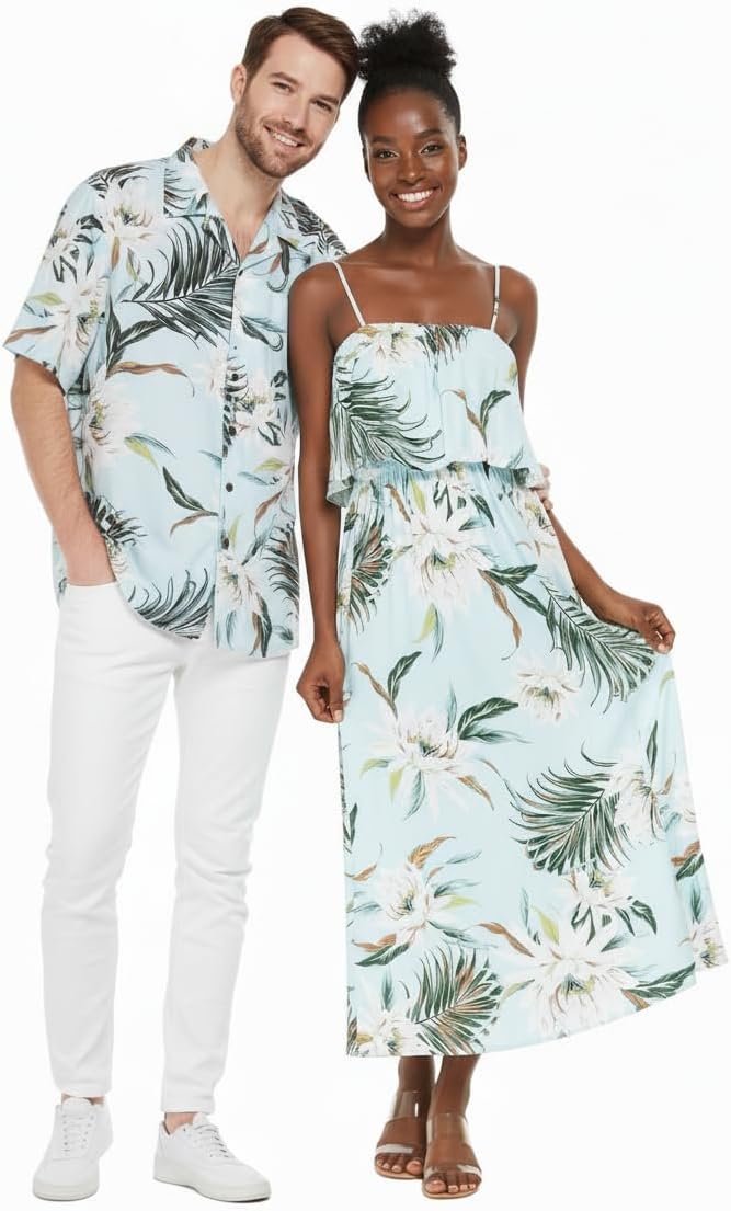 Matchable Couple Hawaiian Luau Shirt or Maxi Ruffle Dress in Wispy Cereus Light Blue