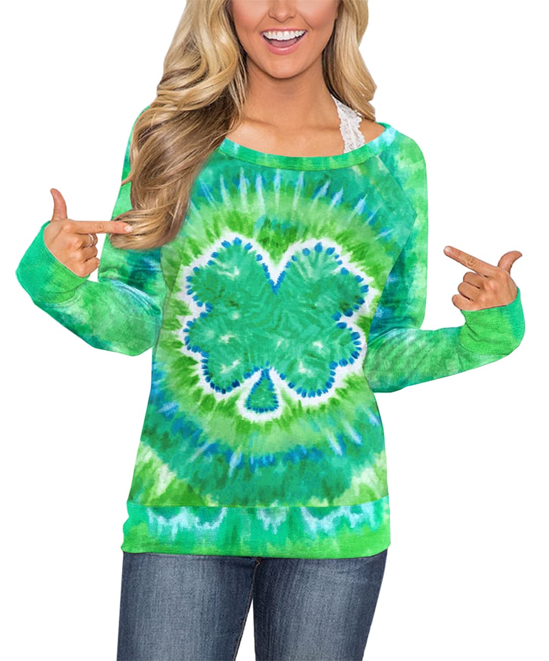 Photo 1 of For G and PL Women's St. Patrick's Day Green Long Sleeve Sweatshirt Funny Casual Irish Shirt X-Large Clover Tie Dye