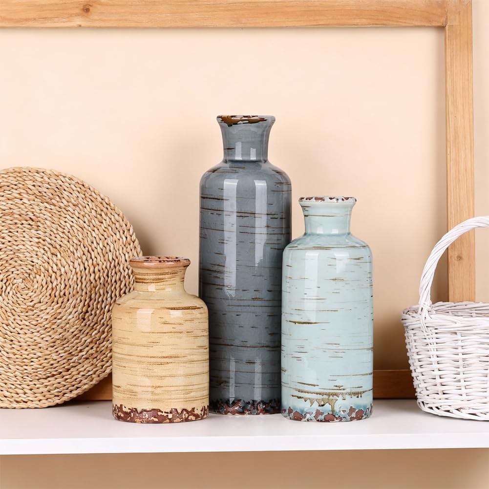 Ceramic Vase Set of 3 – Small Flower Vases, Modern Farmhouse Boho Flower Vases for Home Decor, Rustic Pottery Vases for Centerpieces, Living Room, Shelf, Fireplace, Entryway Decor, Table or Cabinet