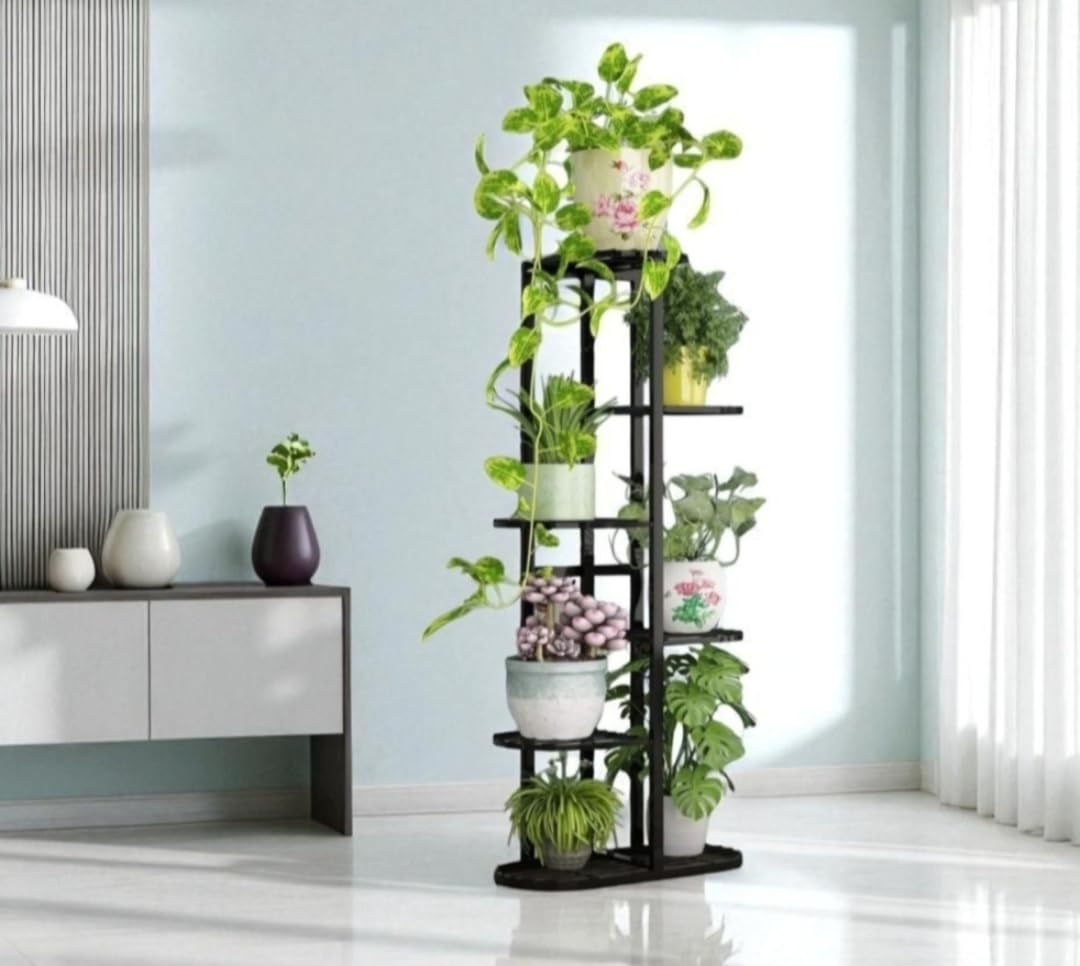 Modern 6 Tier Metal Plant Stand for Indoor & Outdoor | Multi-Level Flower Pot Stand | Heavy Duty Iron Plant Display Rack | Corner Plant Shelf for Living Room, Balcony, Patio, Garden | Black-image-18