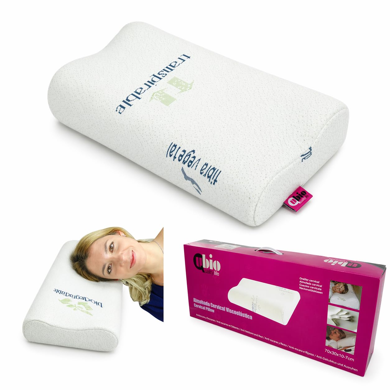 Ubio Almohada Cervical Viscoelástica con Funda de Bambú - Medidas 50x30x10cm - Anatómica y Antibacterial - Máximo Confort - Almohada Ortpédica, Ergonómica, Desenfundable - Fabricada en España