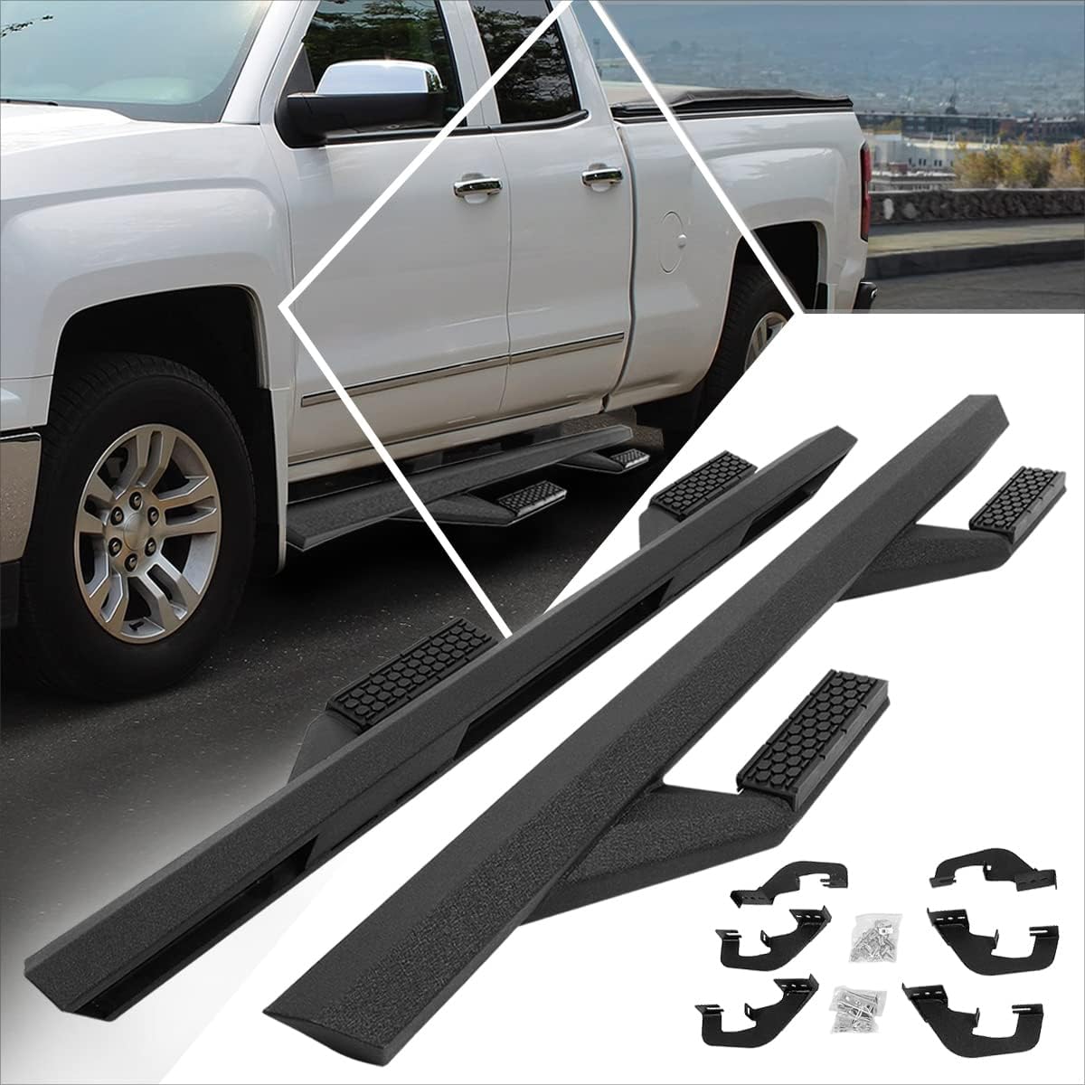 3" Black Nerf Bars Side Steps Running Boards Compatible with 07-19 Chevy Silverado/GMC Sierra Crew Cab (Pair)
