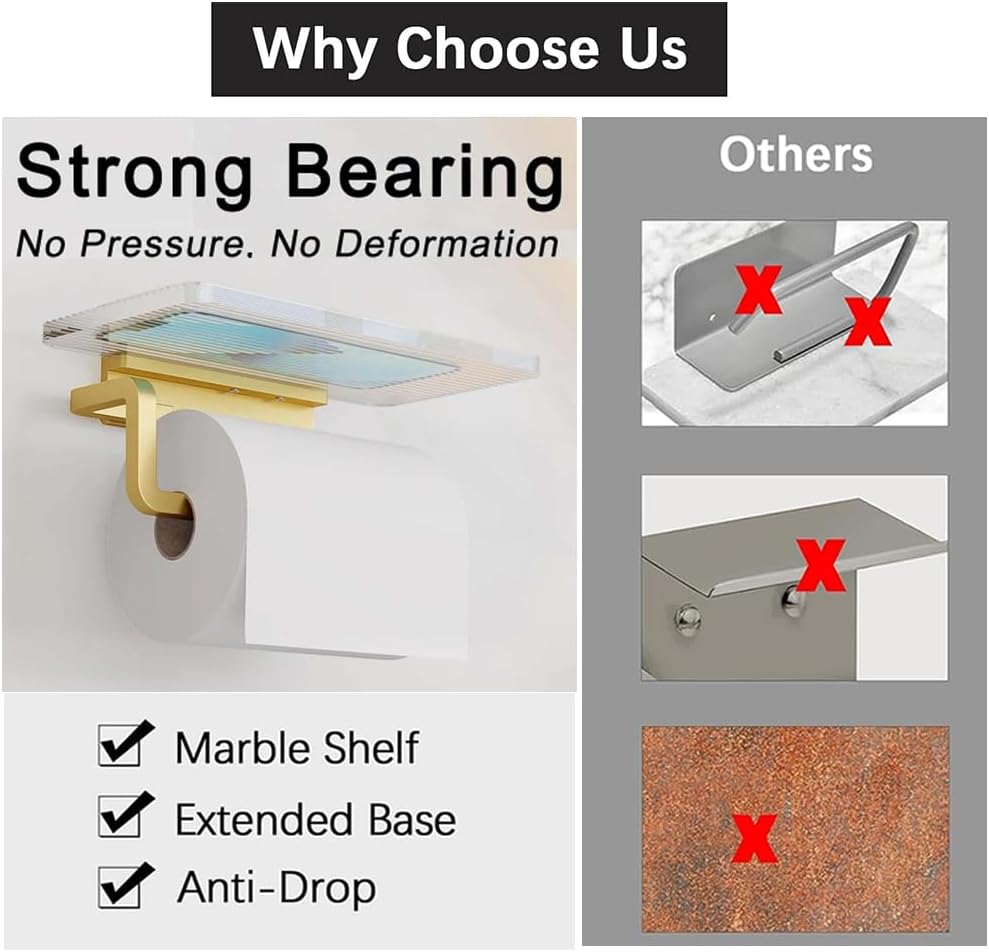 Toilet Paper Holder with Shelf Bathroom Toilet Paper Roll Stand Wall Mounted Tissue Storage Holder for Kitchen with Acrylic, No Drill Tissue Holder with Mobile Phone Storage Rack (Gold)