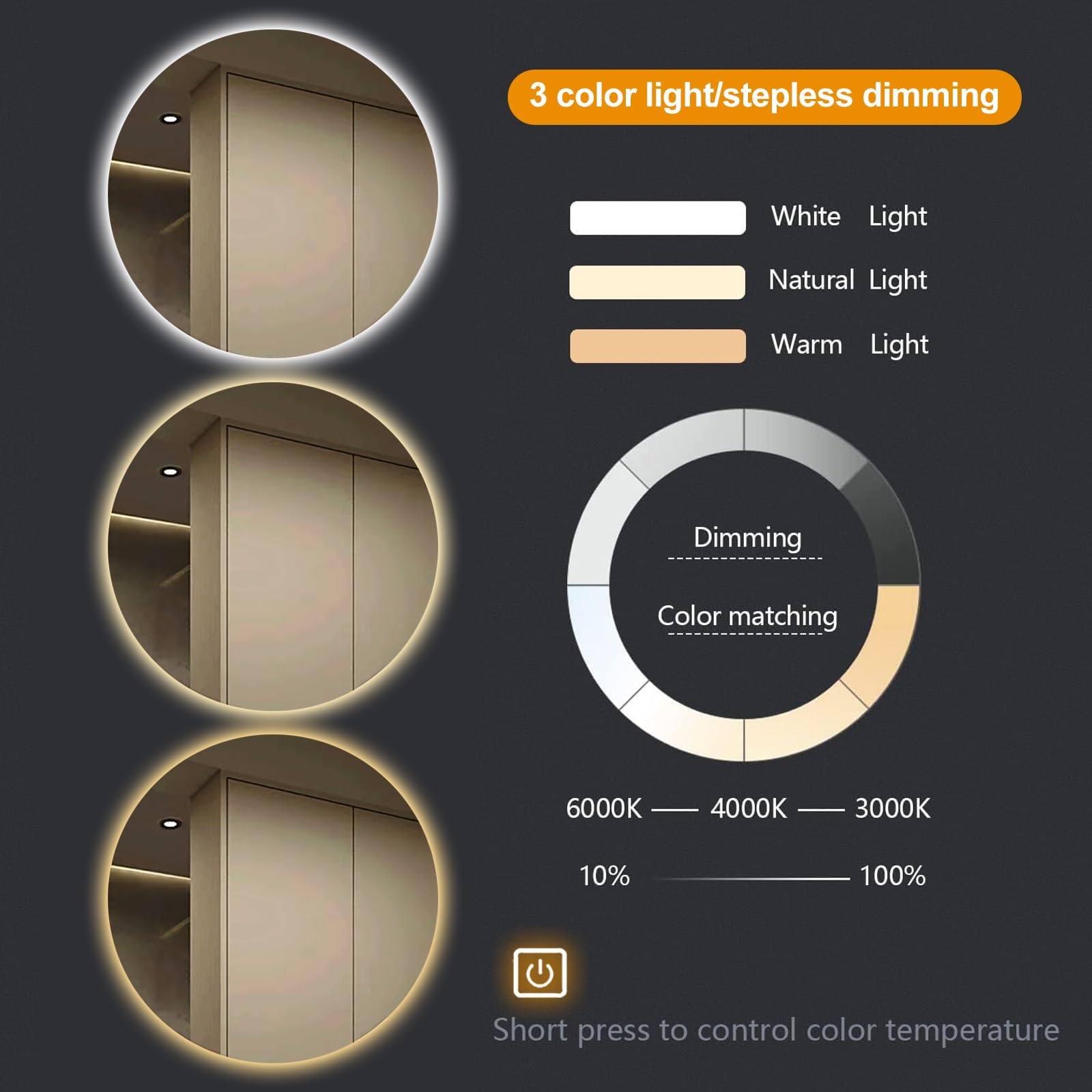 Okrągłe lustro z podświetleniem LED, modny wystrój łazienki Lustro kosmetyczne z regulowanym, inteligentnym przyciskiem dotykowym, podświetlane lusterko do makijażu z możliwością przyciemniania (Size