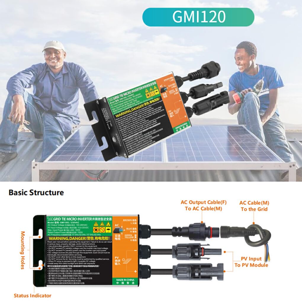 Inverter solare fotovoltaico con lunga durata di funzionamento silenzioso Capacità off-grid Collegamento alla rete Micro inverter su inverter di rete, GMI180L, 180 V-280 V CA, 10.8-30 V
