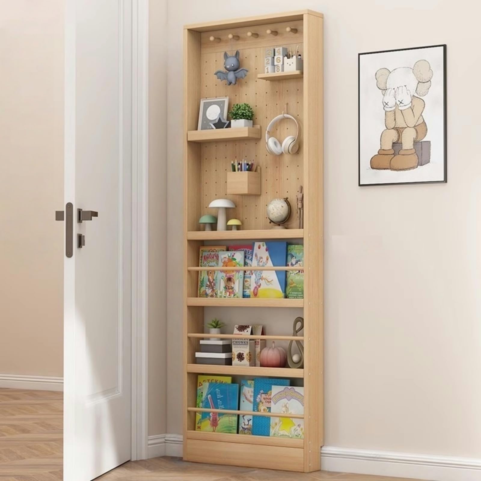 LHIUGE 70.1" Tall Behind The Door Bookshelf,Wooden Behind The Door Book Organizer,Large Capacity Ultra Slim (3.94"), Modern Bookshelf with Perforated
