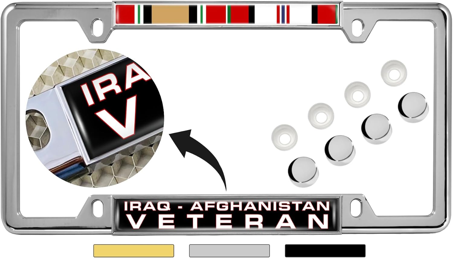 Iraq Afghanistan Combat Veteran with Ribbons Design - Domed Custom-Made Personalized Narrow (Thin) Top 4 Hole Metal Car License Plate Frame with Free caps - Black Frame (Qty: 1)