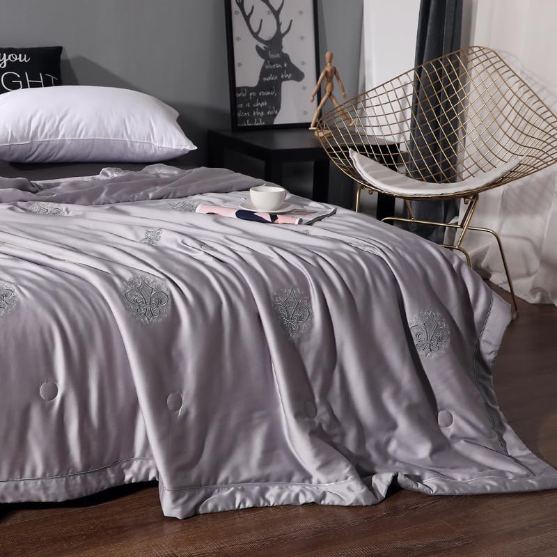 Delicate Embroidery 100% Tencel Quilt Lightweight Bedding Quilted Blanket Thin Comforter Bed Cover All Season Soft As Mulberry Silk 4.8lb (Grey, Queen 200x230cm)