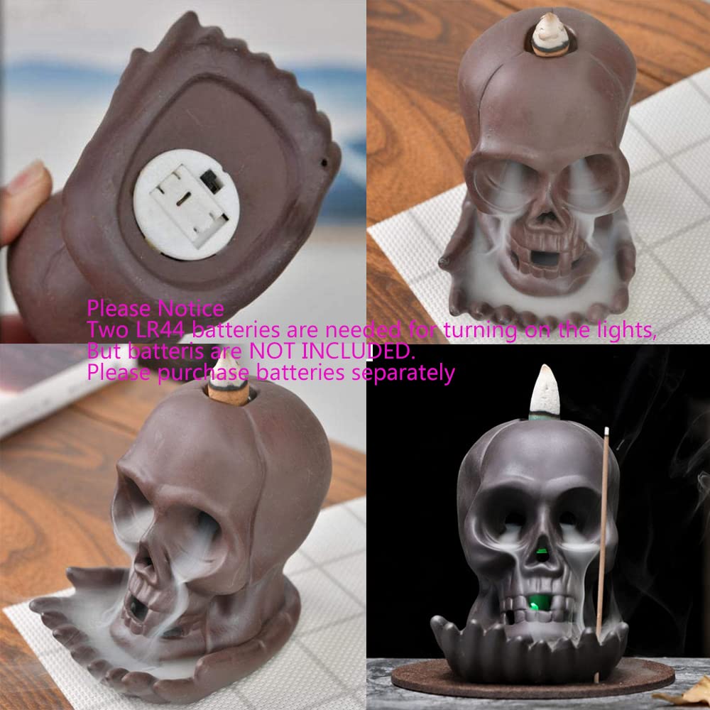 Bruciatore incenso a forma di teschio, cascata incenso, in ceramica, con 40 coni incenso+ 30 bastoncini incenso + 1 pinzetta + 1 tappetino per Halloween, bar, decorazione per feste in casa infestata