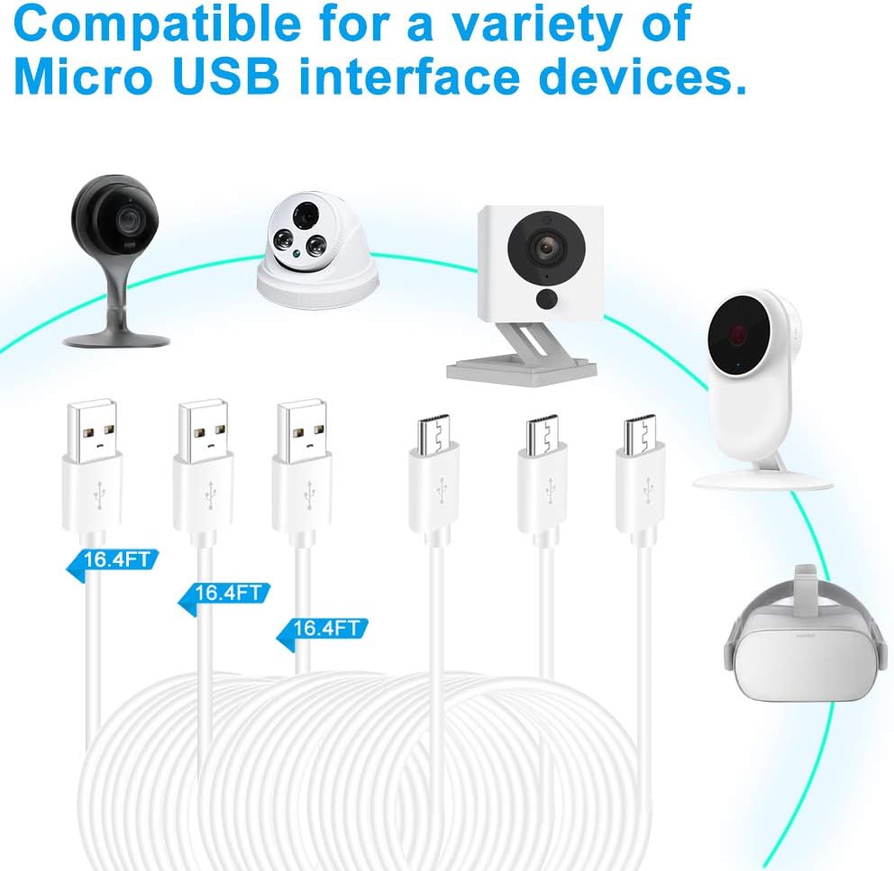SIOCEN 3 Pack 16.4FT Micro USB Power Extension Cable for Wyze Cam V3,WyzeCam Pan,Yi Camera,Oculus Go,Eufy,Echo Dot Kid Edition,Nest Cam,Netvue,Blink,Furbo Dog,Kasa,Home Security Camera Charging Cord