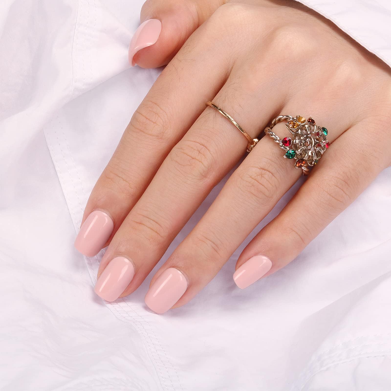 Polychrome&air Press On Nails- Strawberry Meringue | Short Squoval Solid Light Pink Press On Nails | 15 Sizes 30 Opaque Soft Gel False Nails | Reusable Fake Nail with Glue On Nails Kit | Salon Quality