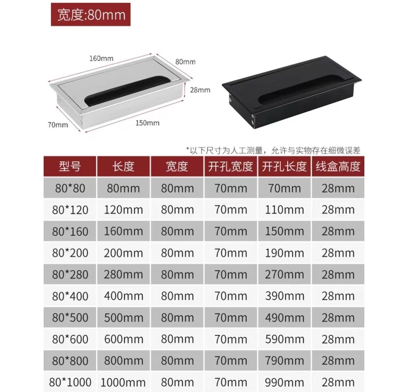 Przepusty kablowe do biurek, zaślepka otworu na zaślepkę biurkową, 1 szt. prostokątny aluminiowy przepust kablowy ze stopu aluminium ze szczotką do narzędzi biurkowych(Black,80 * 500mm)