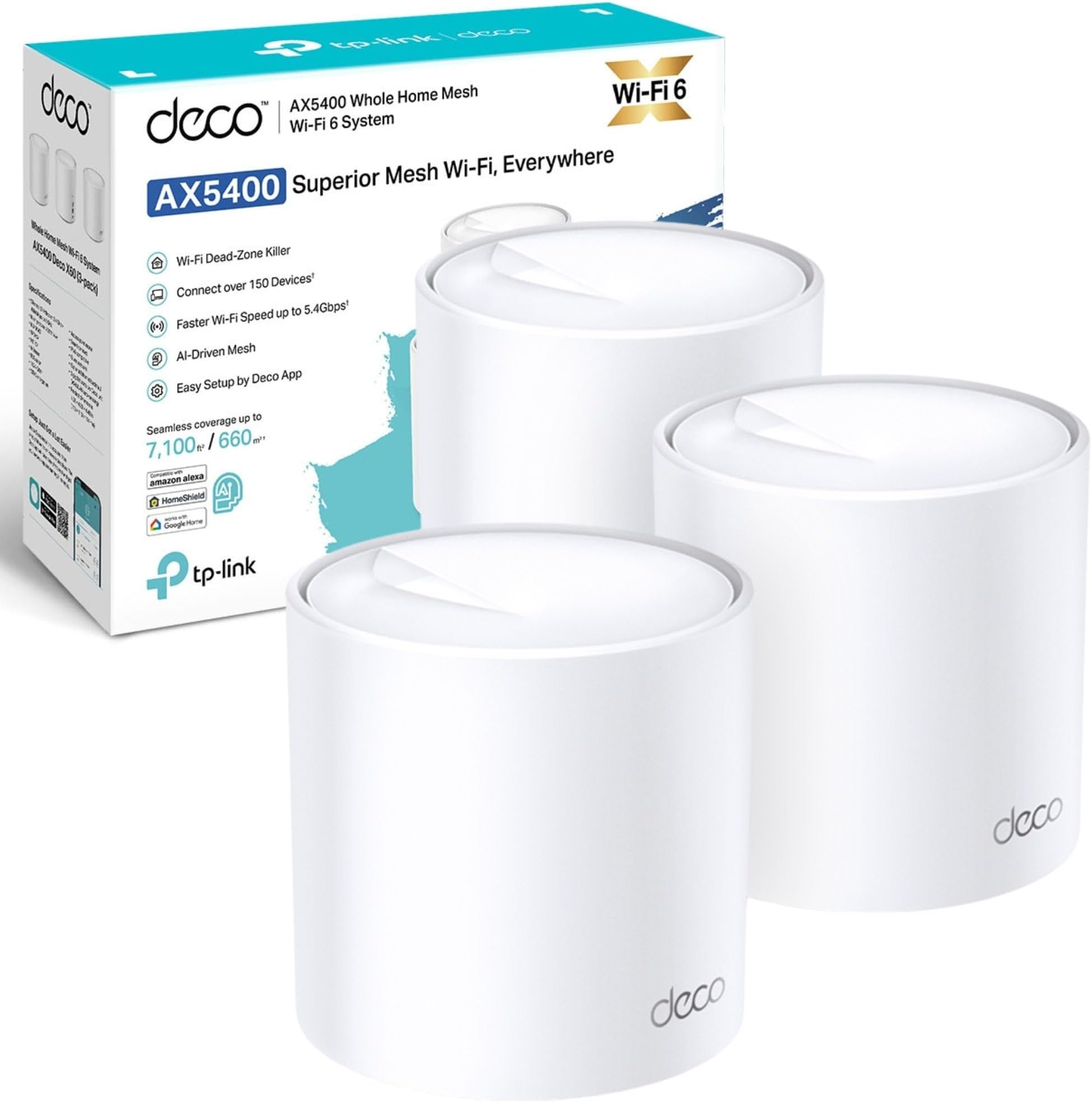 Deco X60(3-pack) AX5400Mbps Whole Home Mesh WiFi 6 System, up to 7,100 Sq ft Coverage, AI Driven WiFi Booster, 1 GHz Quad-Core CPU, Compatible with Amazon Alexa, HomeShield Security,Easy Setup