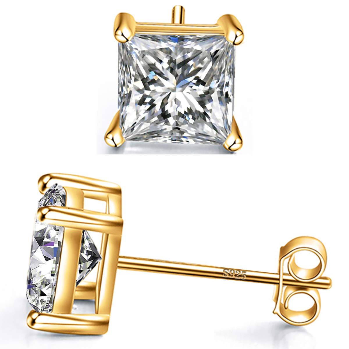 Boucles D'oreilles Clous Zircon Cubique Argenté - Coupe Princesse, Solitaires, Neuf Sans Boîte