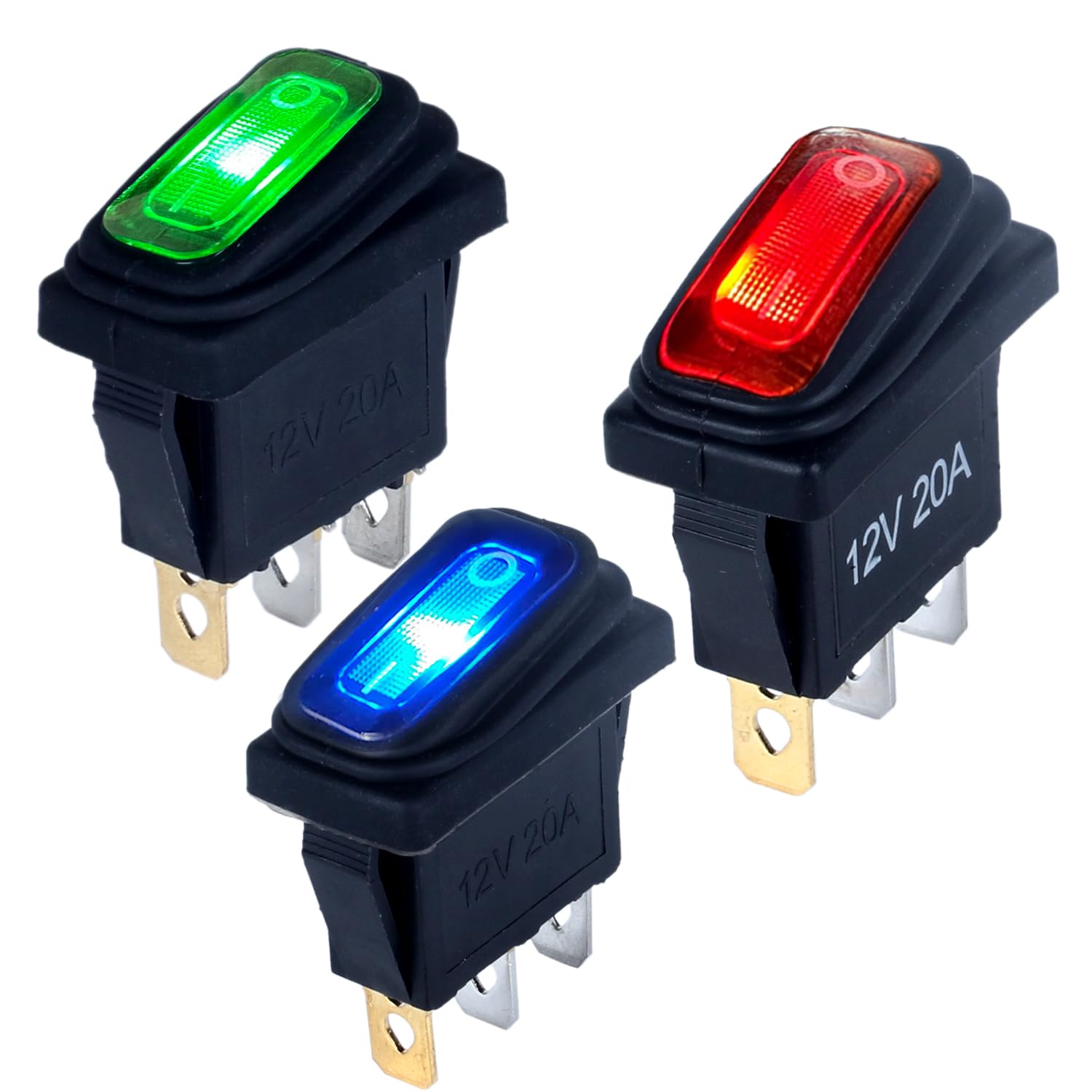 Interrupteur à bascule 12V 20A avec indicateurs LED Rouge Bleu Vert étanches