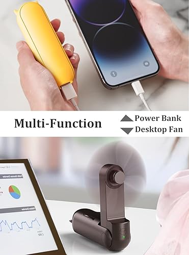 Miniatura 3 de Ventilador de mano portátil, mini ventilador de mano plegable 2 en 1, ventilador de bolsillo personal recargable por USB con banco de energía, mini
