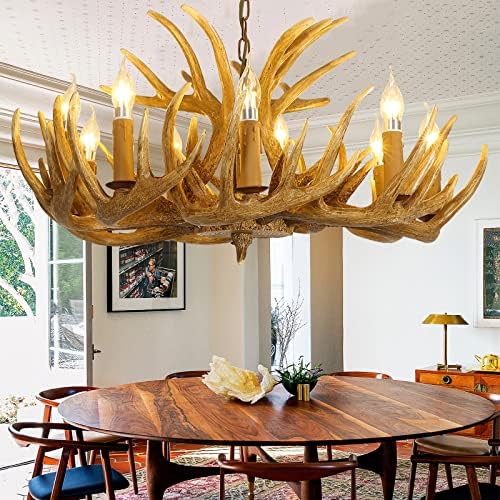 Antler Chandelier Lighting, Large Rustic Antler Chandelier 9 Light, Brown Resin Deer Antler Chandelier, Vintage Farmhouse Chandelier Light Fixture for Dining Room