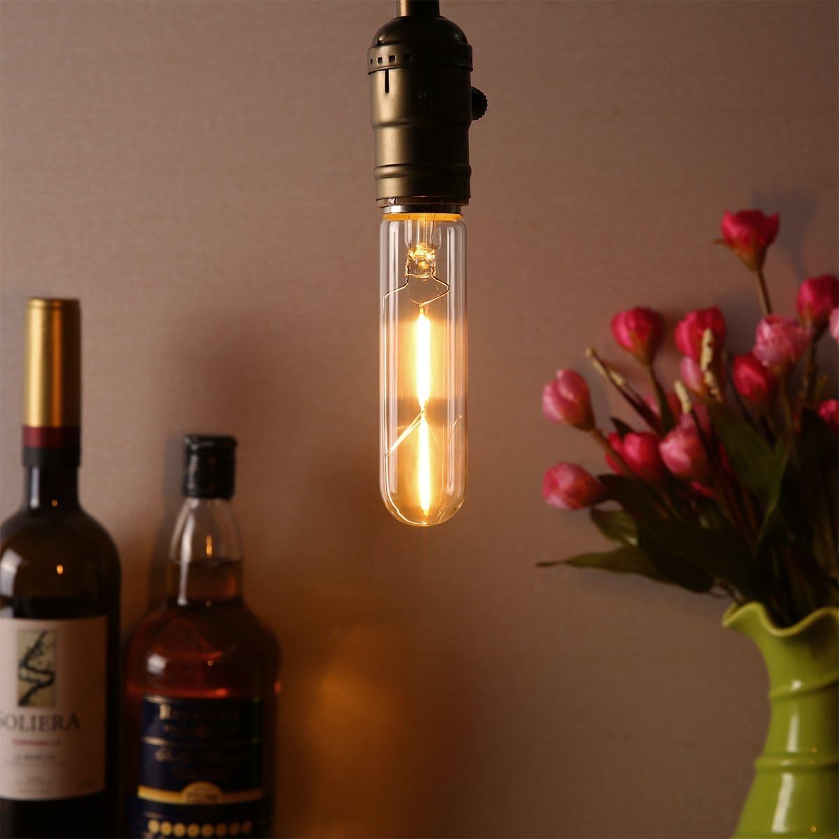 Vintage Edison LED Bulb 4 Pack,T10/T30 LED Bulbs 2W Antique COB Tubular Filament LED Bulb Tubular Edison Style LED Filament Bulb T10,Dimmable,E27 Medium Base,Warm White 2300K,Amber Glass Cover