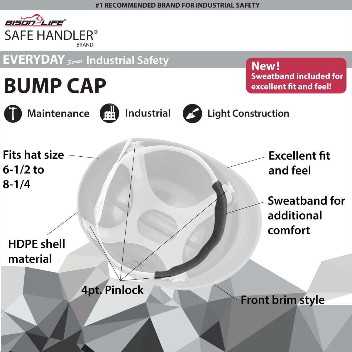 SAFE HANDLER Bump Cap with 4 Point Pin Lock Suspension, HDPE Cap Style, White (Case of 12)
