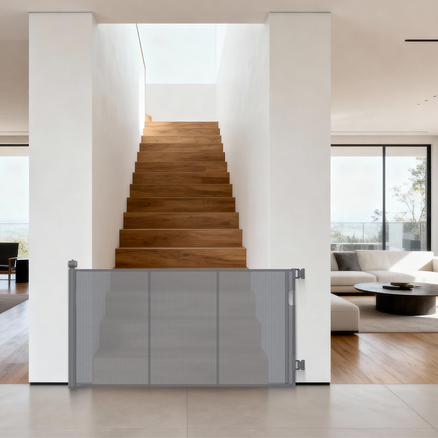 Cancelletto di Sicurezza Estensibile per Bambini e Animali Domestici 0-140cm, Barriera Retrattile con Rinforzo in Fibra di Vetro e Blocco a Pomello, per Scale, Interno ed Esterno, Grigio