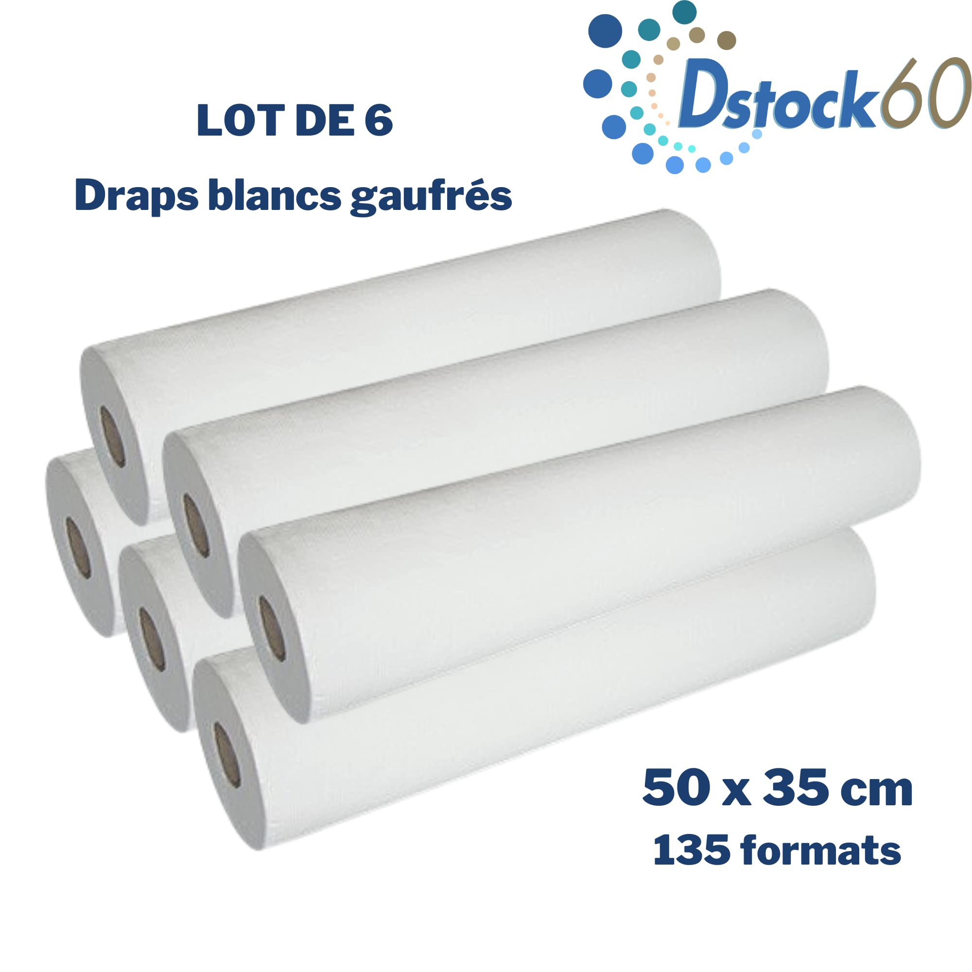 DSTOCK60 - Draps d'examen - Lot de 6 - Blanc Gaufré - 50 x 35 cm - 135 formats - Pure Ouate - Fabriqué en France