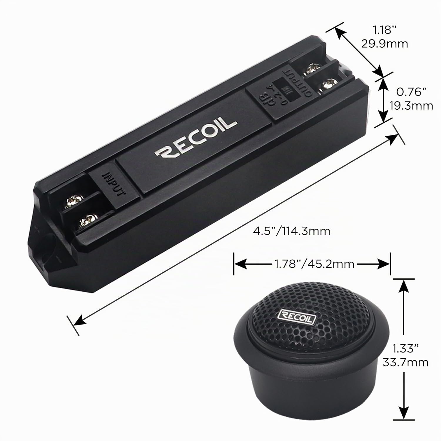 RECOIL RET1 Tweeter Voiture Dôme Soie Néodyme 2,5cm Crossover 3 Niveaux | 100W Max, 50W RMS, 92dB, Montage Surface/Angle/Encastré – Paire