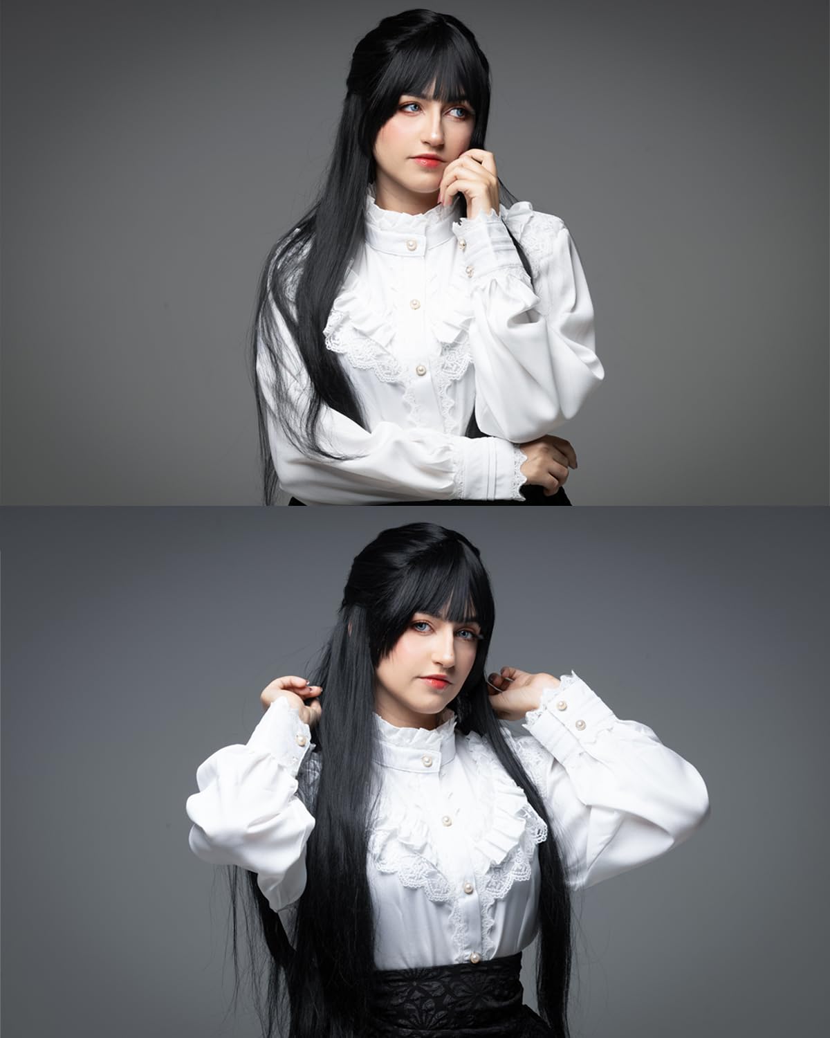 Fiamll Women's Victorian Blouse Vintage Bow Shirt Stand-Up Collar with Ruffles Long Sleeve Shirt