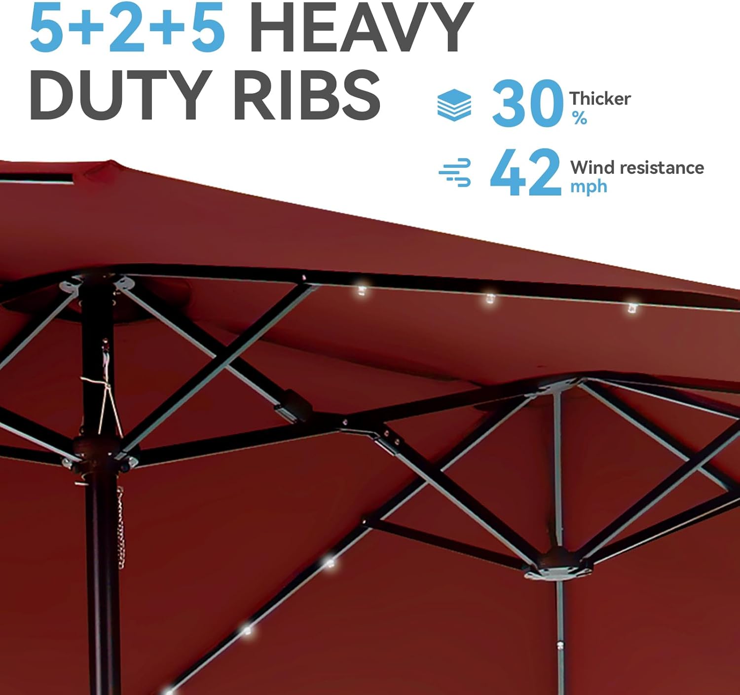 GREEN PARTY 15 ft Rectangle Patio Umbrella with Solar Lights and Base Included, Double-Sided Market Table Umbrella with Crank, Large Outdoor Umbrellas for Patio Poolside Garden Backyard, Burgundy Red